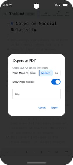 The export sheet on an Android phone, with PDF, HTML, EPUB and Markdown to choose from.