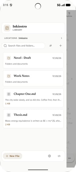 The document list on an Android phone: folders, files and the first lines of each one.