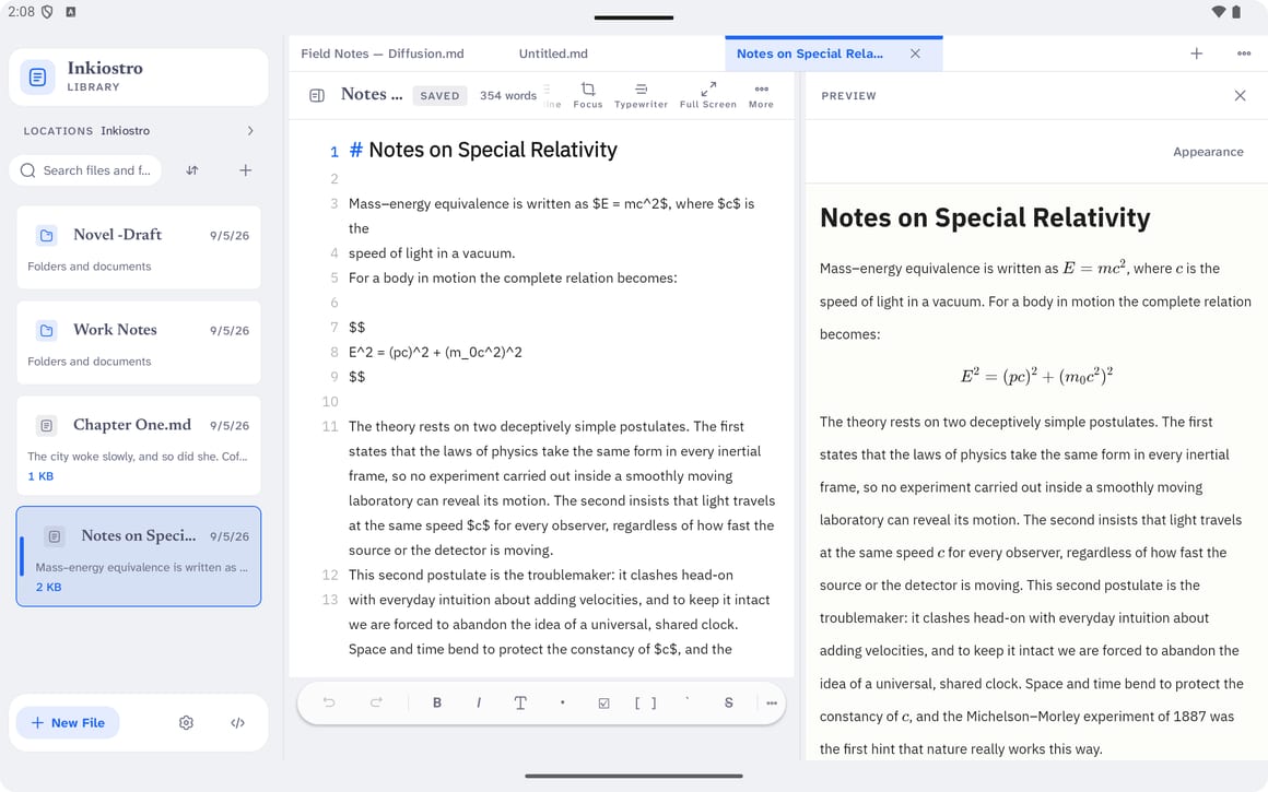 Inkiostro sur une tablette Android en paysage : les fichiers, la source Markdown et l’aperçu composé, trois panneaux à la fois.