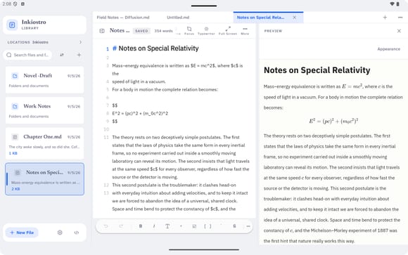 Inkiostro sur une tablette Android en paysage : les fichiers, la source Markdown et l’aperçu composé, trois panneaux à la fois.