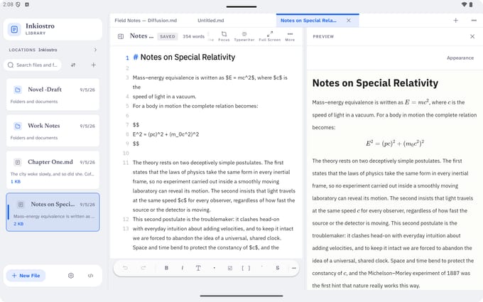 Inkiostro on an Android tablet in landscape: files, the Markdown source and the rendered preview, three panes at once.