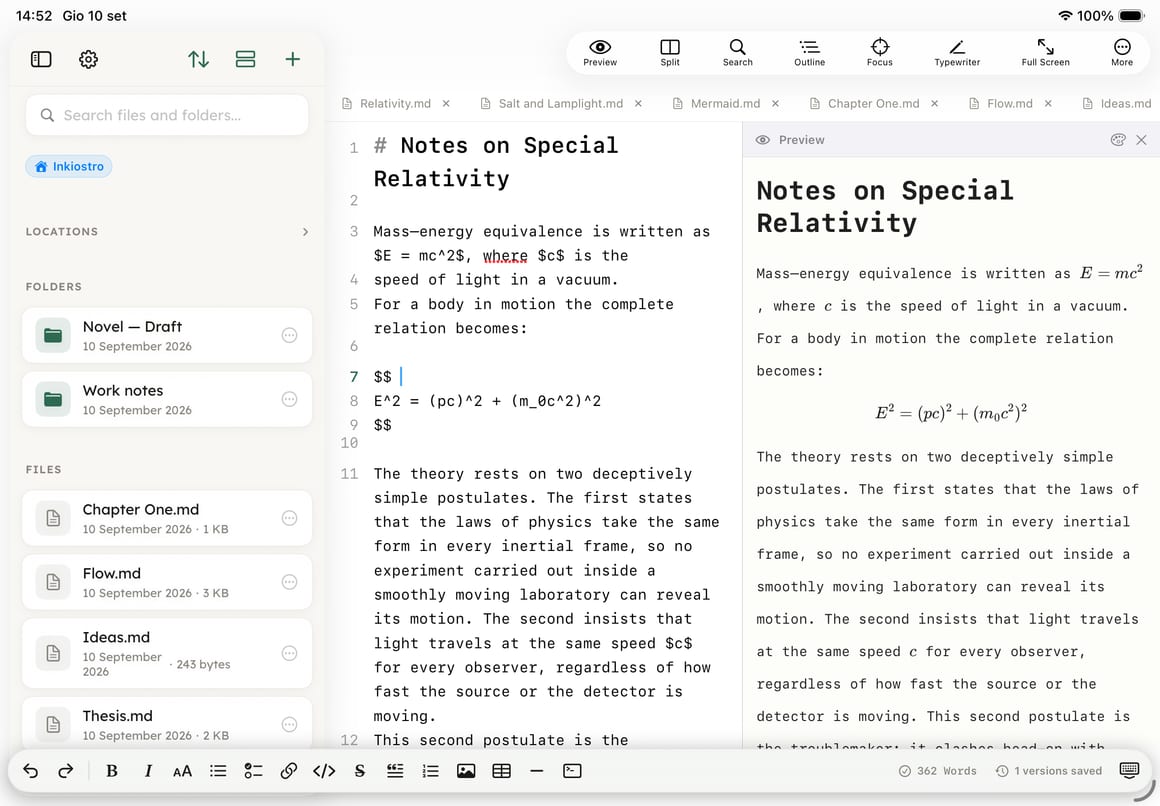 Inkiostro sur iPad en paysage : les fichiers, la source Markdown et l’aperçu composé, trois panneaux à la fois.
