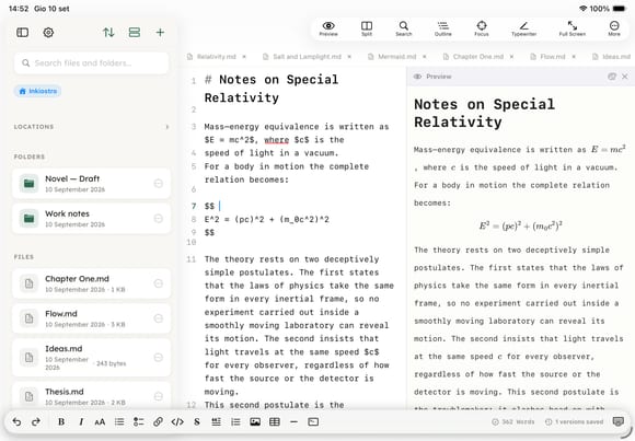 Inkiostro sur iPad en paysage : les fichiers, la source Markdown et l’aperçu composé, trois panneaux à la fois.