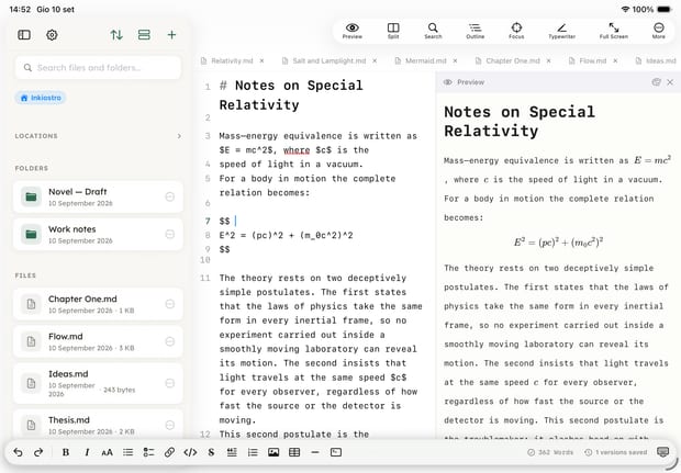 Inkiostro auf dem iPad im Querformat: die Dateien, der Markdown-Quelltext und die gesetzte Vorschau, drei Bereiche auf einmal.