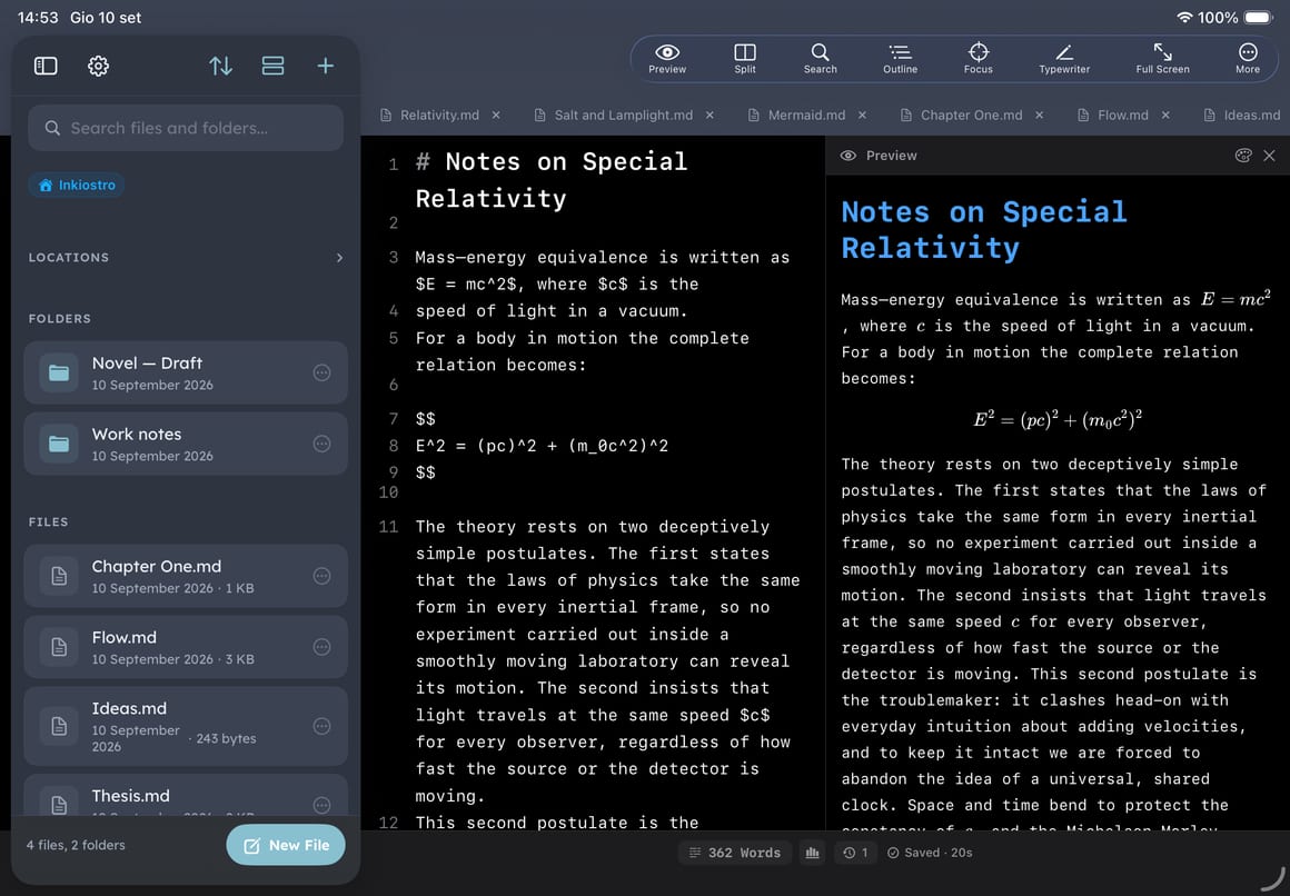 Inkiostro sur iPad en paysage : les fichiers, la source Markdown et l’aperçu composé, trois panneaux à la fois.