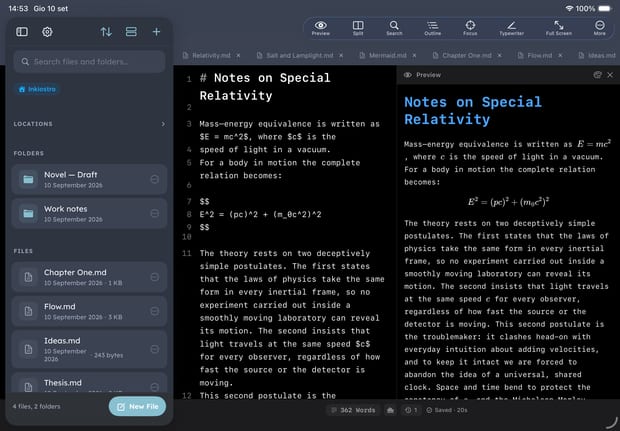 Inkiostro auf dem iPad im Querformat: die Dateien, der Markdown-Quelltext und die gesetzte Vorschau, drei Bereiche auf einmal.