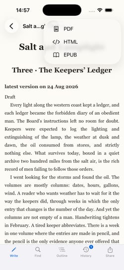 Das Export-Blatt auf dem iPhone, mit PDF, HTML, EPUB und Markdown zur Wahl.