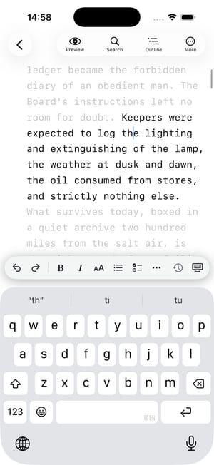 Le mode focus sur iPhone : la phrase en cours reste éclairée, le reste s’estompe.