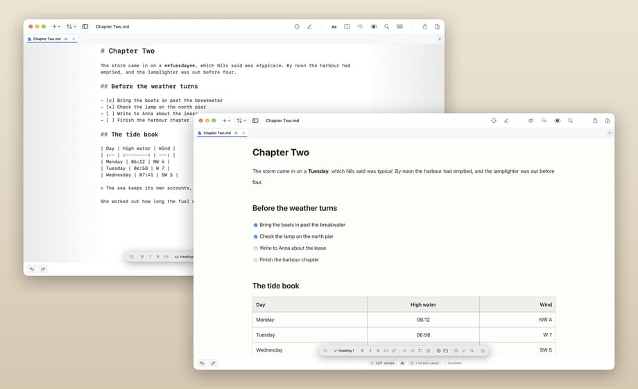 Inkiostro sur Mac : le même document ouvert dans l'éditeur Markdown, avec ses symboles, et dans l'éditeur visuel, déjà mis en forme