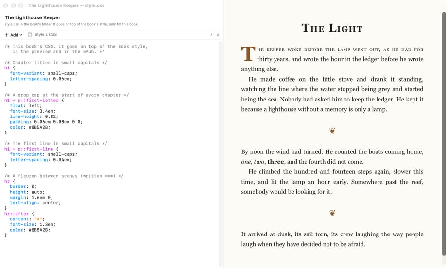 Inkiostro on Mac: the CSS window, with the book's own CSS on the left and the preview on the right, with a drop cap and an ornament between scenes