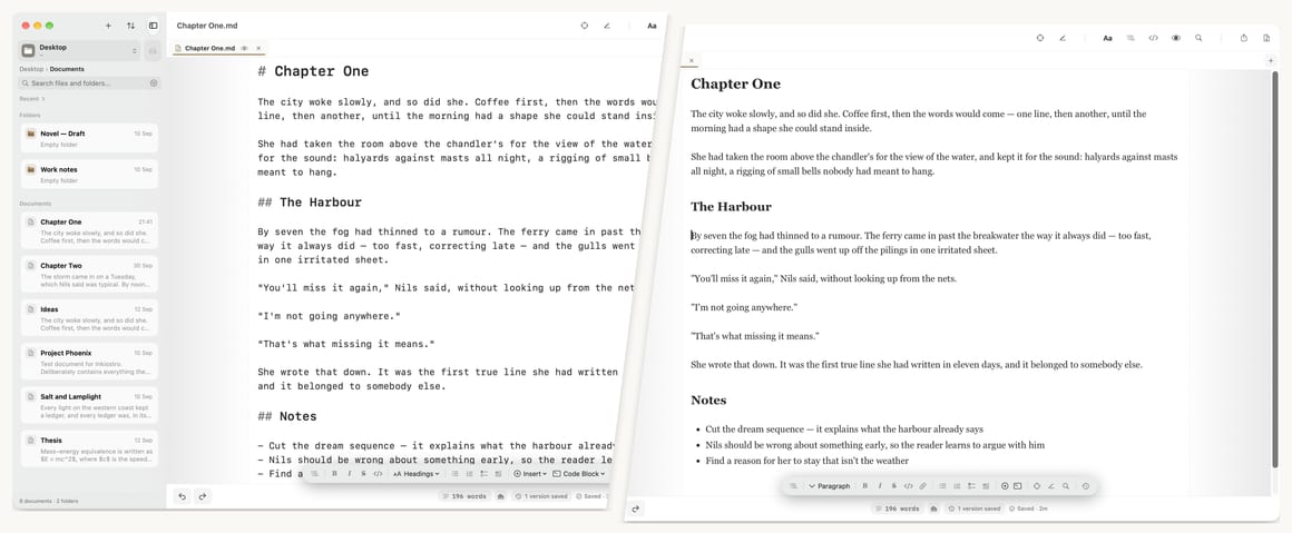 The same document on a Mac, cut in two: on the left, the Markdown editor with its # and plain monospaced text; on the right, the Visual Editor with the headings and paragraphs already formatted.