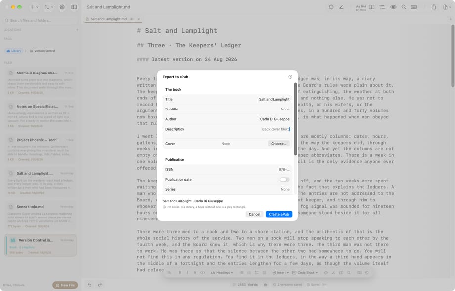 La fenêtre d’export ePub sur Mac : titre, auteur, couverture et ISBN, avec en bas l’avertissement que le livre n’a pas de couverture.