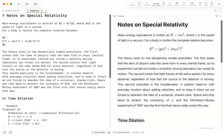 Eine in Markdown geschriebene LaTeX-Formel links, in der Vorschau rechts gesetzt.
