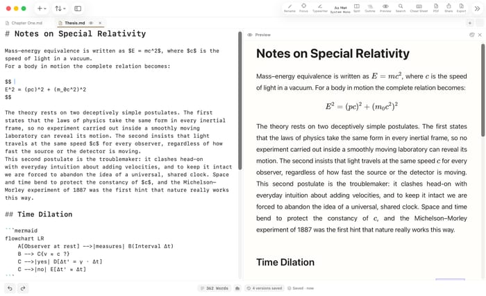Une formule LaTeX écrite en Markdown à gauche, composée dans l’aperçu à droite.