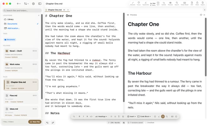 Inkiostro auf dem Mac: die Dateileiste, der Markdown-Quelltext und die gesetzte Vorschau nebeneinander.